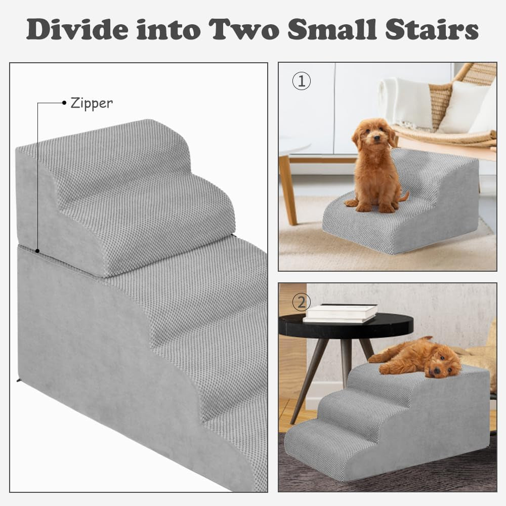 Dog Stairs and Ramp, 5-Step Pet Stair for High Beds and Couch, Large Dogs with Removable Washable Cover, Non-Slip Soft Foam for Injured Older Pets, Grey-62 Cm High