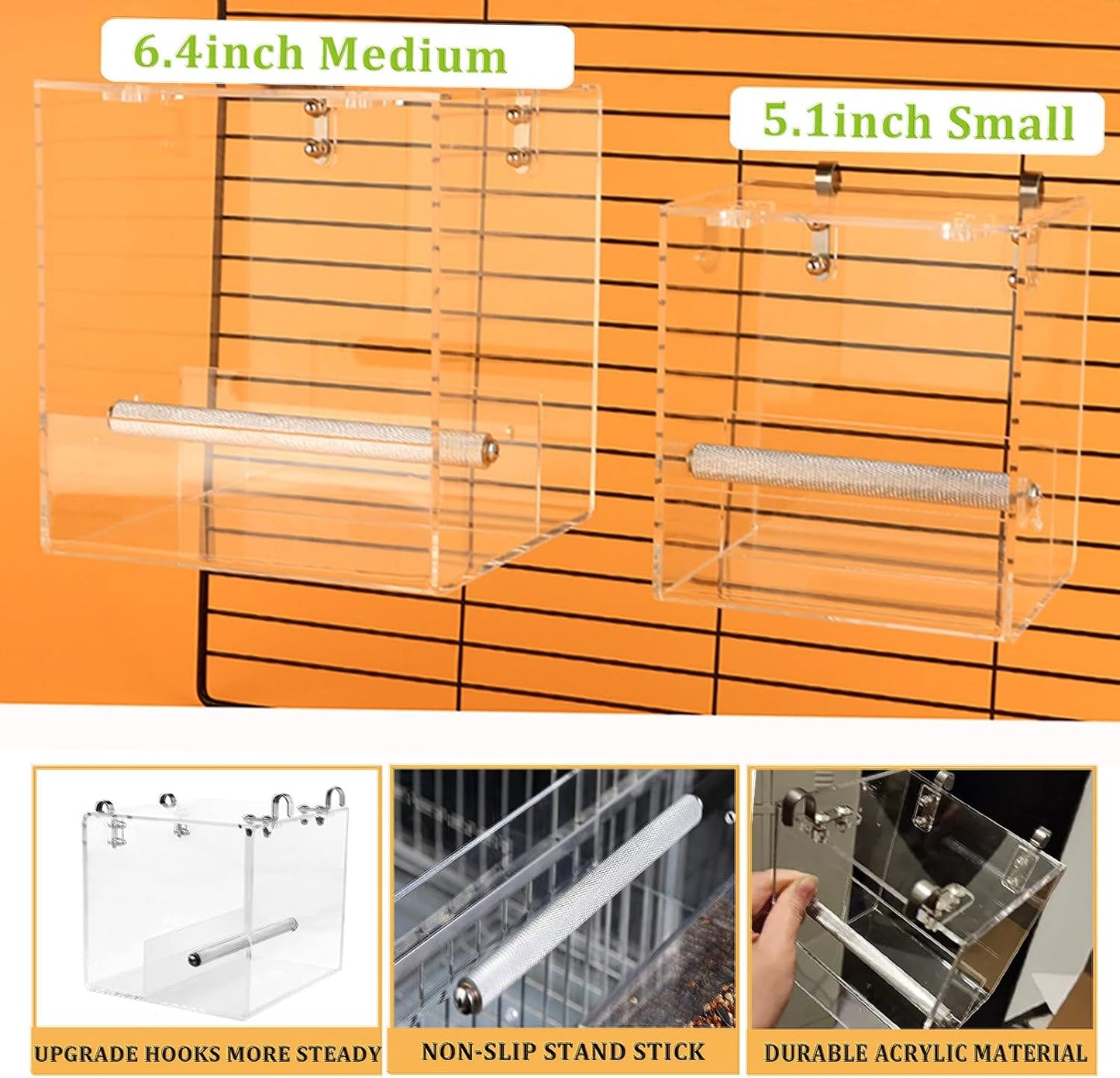 No Mess Automatic Bird Feeder for Cage - Acrylic No Spill Seed Feeder for Parakeet, Parrot, Cockatiels, Lorikeet, Lovebirds - 6.4Inch