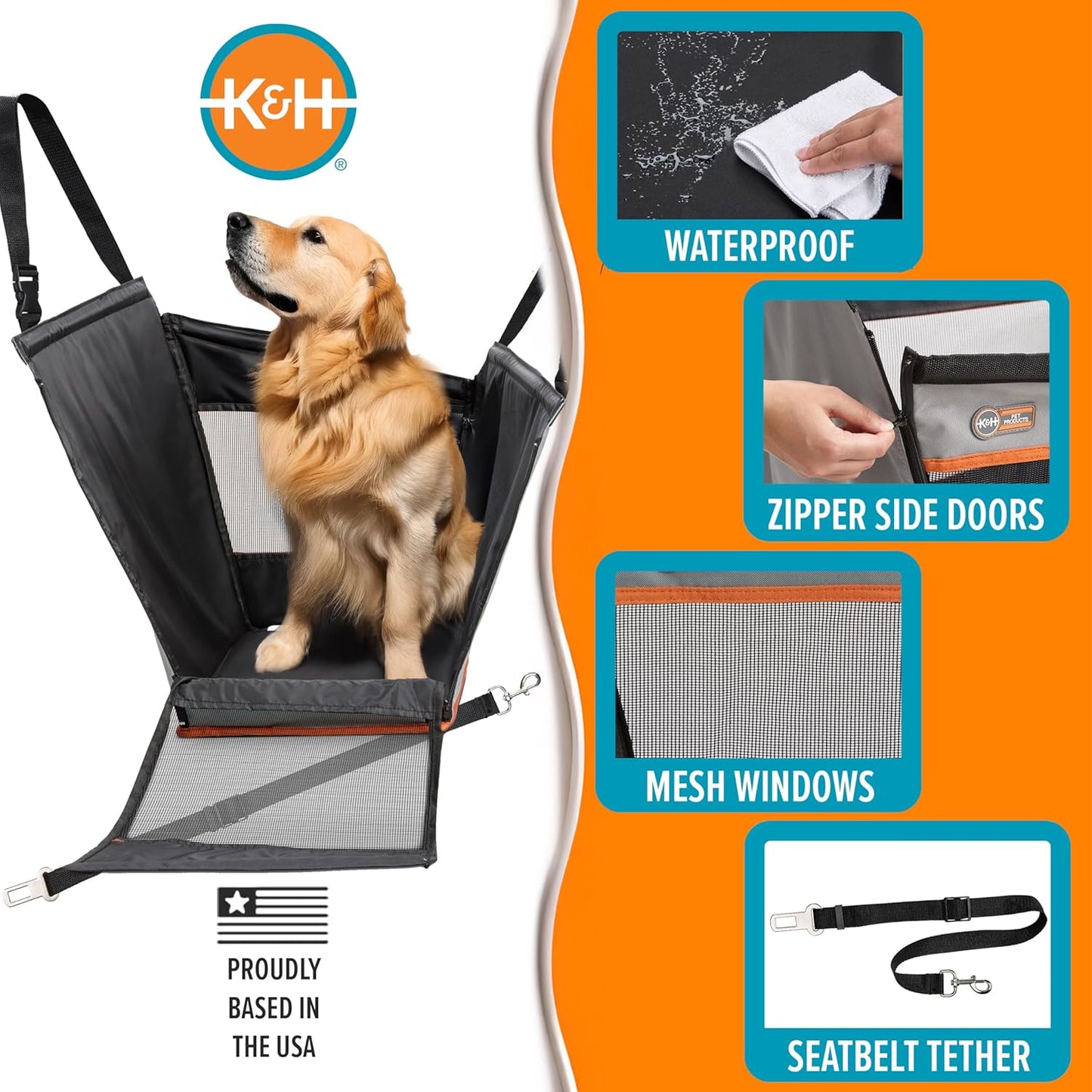 Buckle N' Go Dog Car Seat for Large Dogs, Waterproof Fabric with Breathable Mesh & Adjustable Dog Seat Belt for Car, Dog Hammock for Car, Dog Carrier Dog Car Seat Cover - Gray MD/LG
