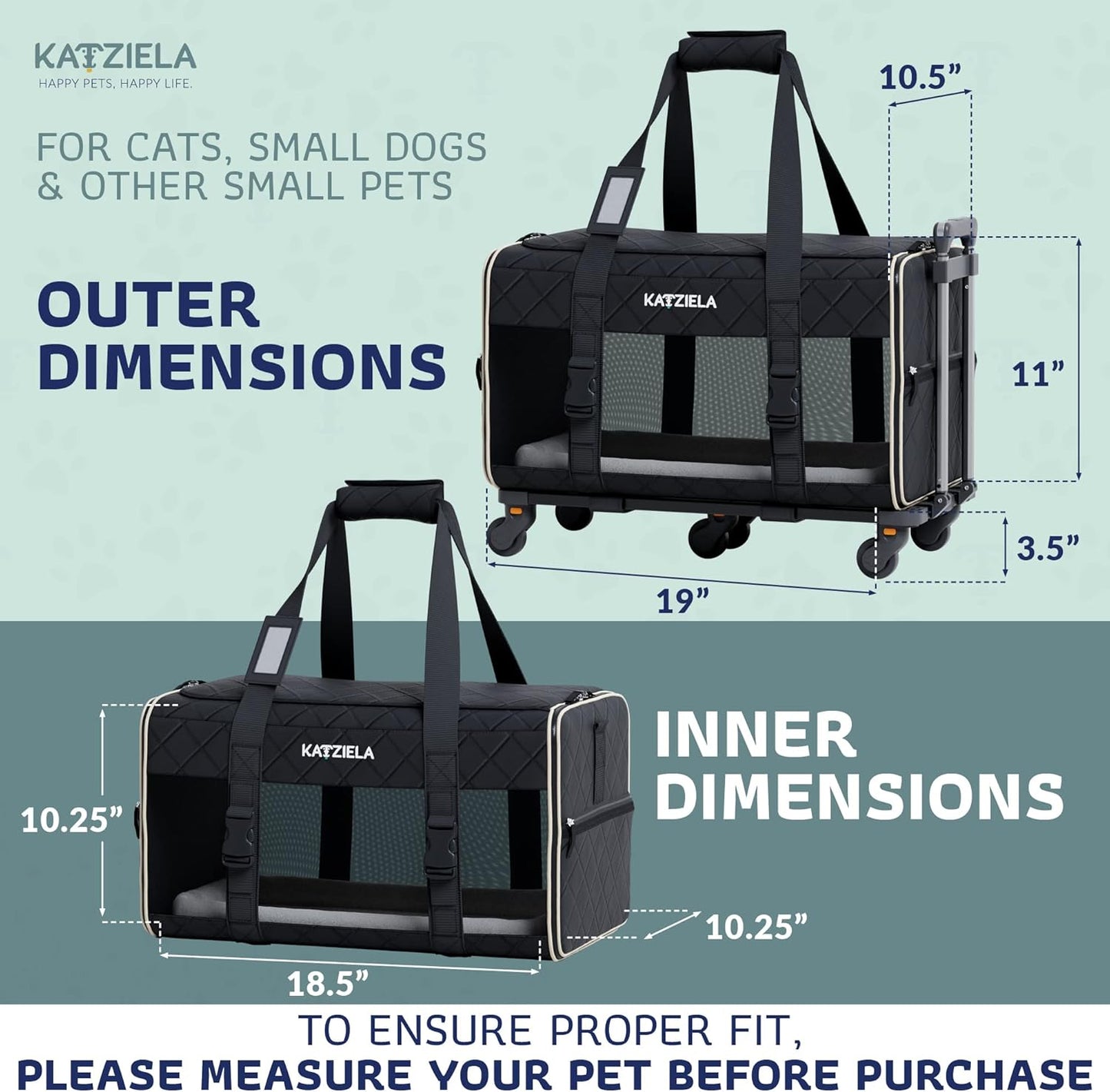 Pet Carrier Airline Approved - Dog Carrier with Wheels - Rolling Pet Carrier with Wheels for Small to Medium Size Cat or Dog - Airplane Cabin Animal Friendly Luggage