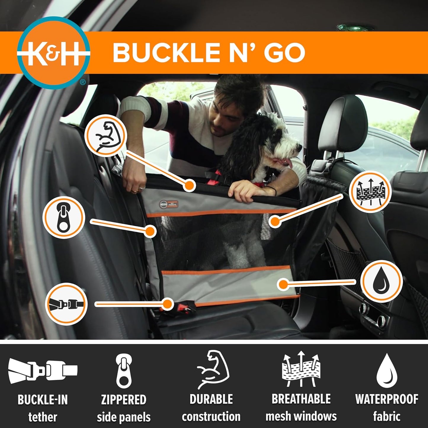 Buckle N' Go Dog Car Seat for Large Dogs, Waterproof Fabric with Breathable Mesh & Adjustable Dog Seat Belt for Car, Dog Hammock for Car, Dog Carrier Dog Car Seat Cover - Gray MD/LG