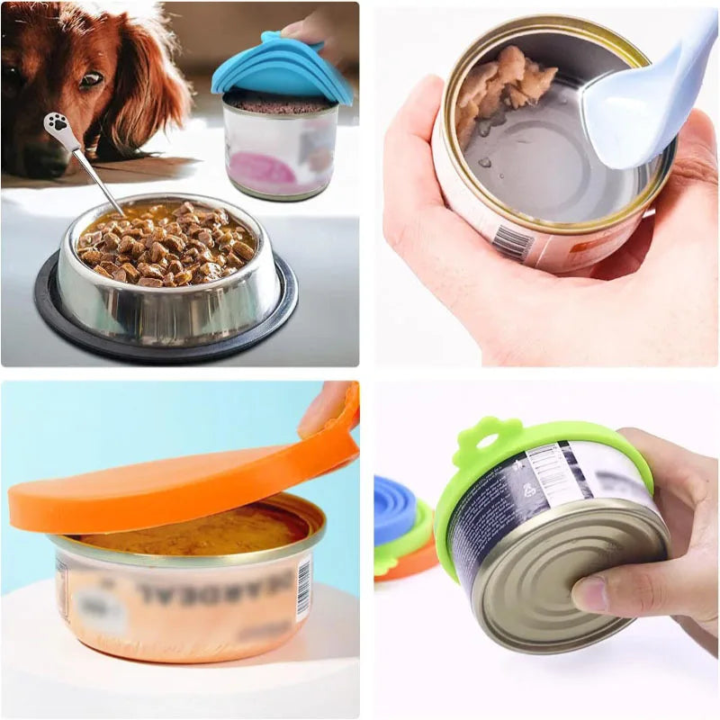 A Set of Reusable Pet Food Can Cover and Spoon Portable Dogs Cat Storage Tin Cap Lid Seal Cover Health Pet Supplies Pet Lids Can