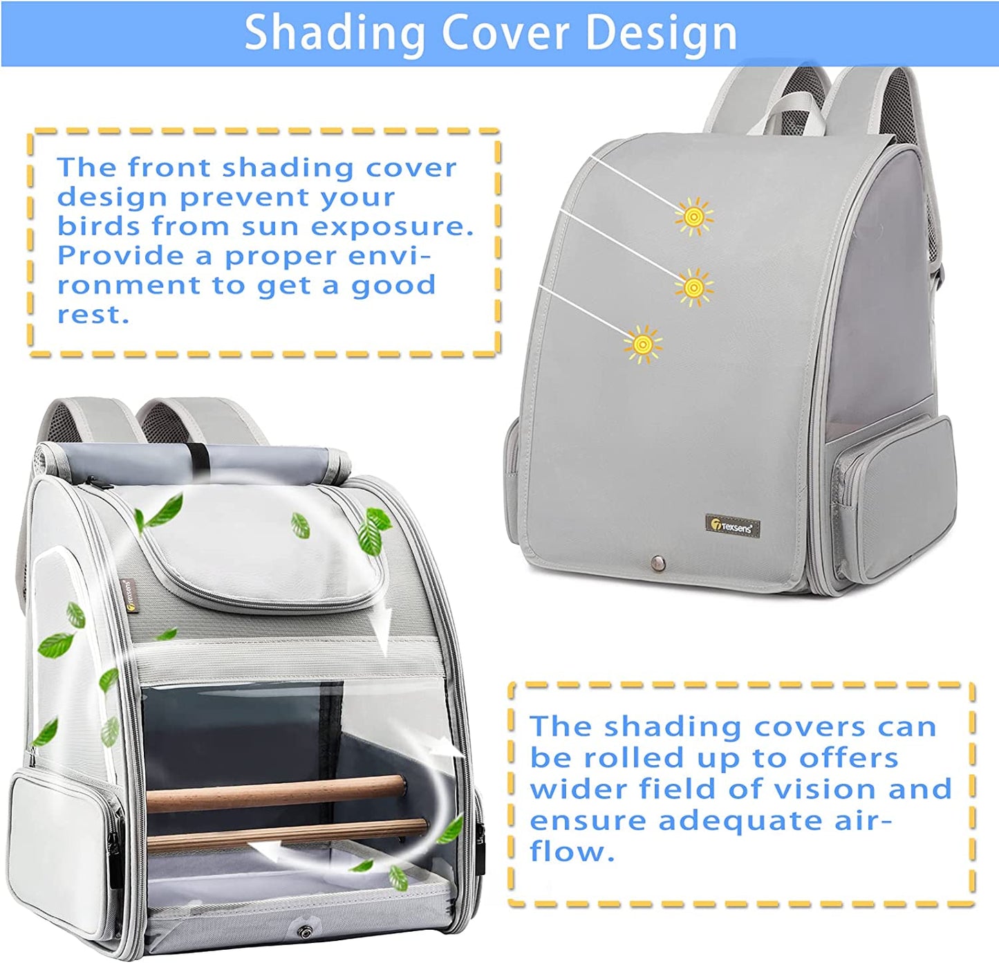 Bird Carrier Backpack - Pet Travel Cage with Upgraded Tray and Standing Perches, Breathable & Portable, for Small Birds, Green Cheek, Cockatiel, Parrot (Grey)