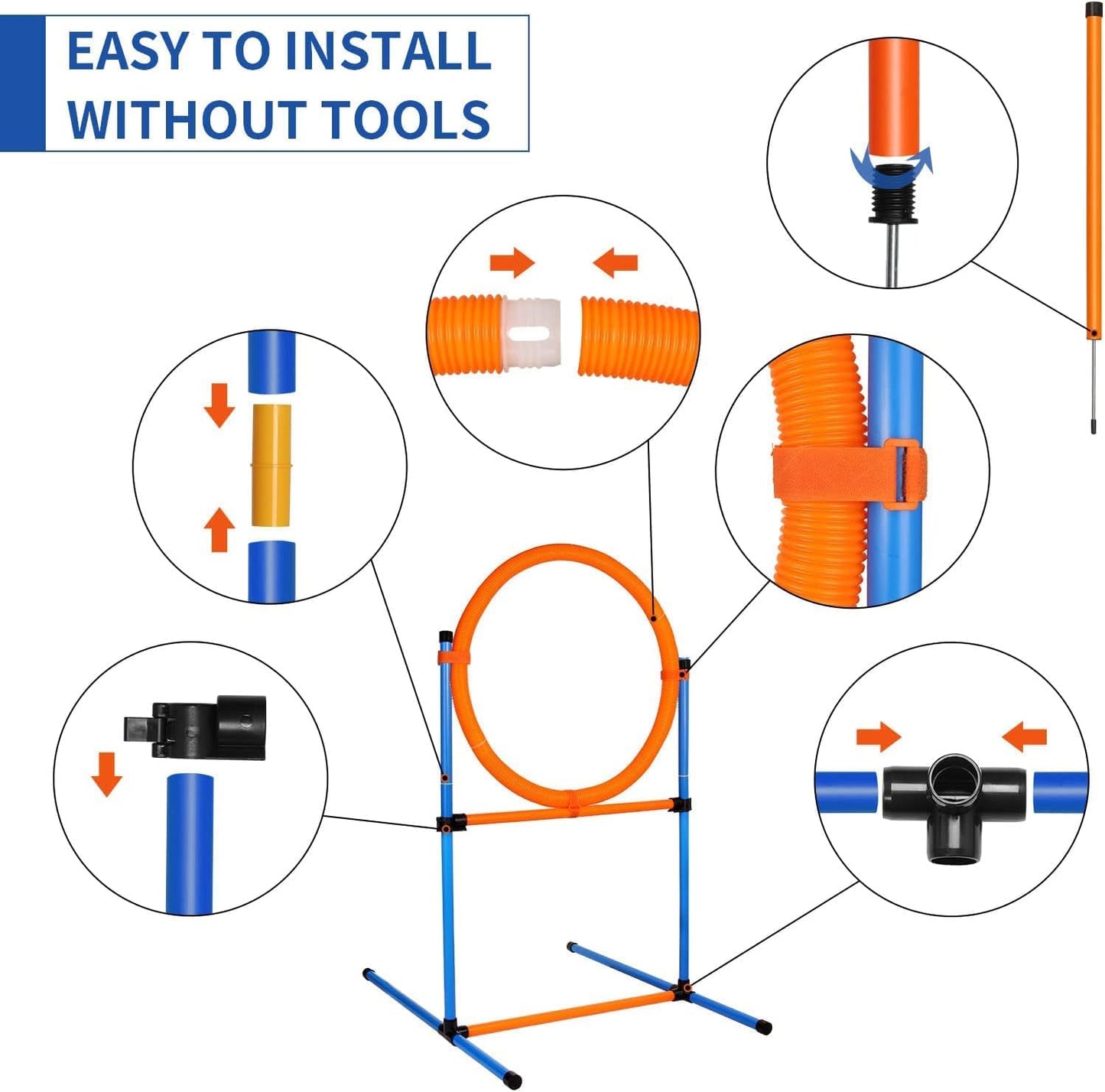 Dog Agility Training Equipment, 60-Piece Dog Obstacle Course Training Starter Kit Pet Outdoor Game with Tunnel, Agility Hurdle, Weave Poles, Jump Ring, Pause Box, Toy Balls and Storage Bag
