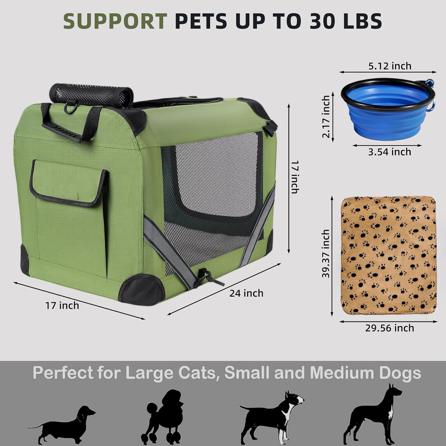 Large Cat Carrier for 2 Cats Small Medium Dogs, Soft Pet Carrier 24X17X17 for Traveling with Warm Blanket Foldable Bowl and Washable Pad