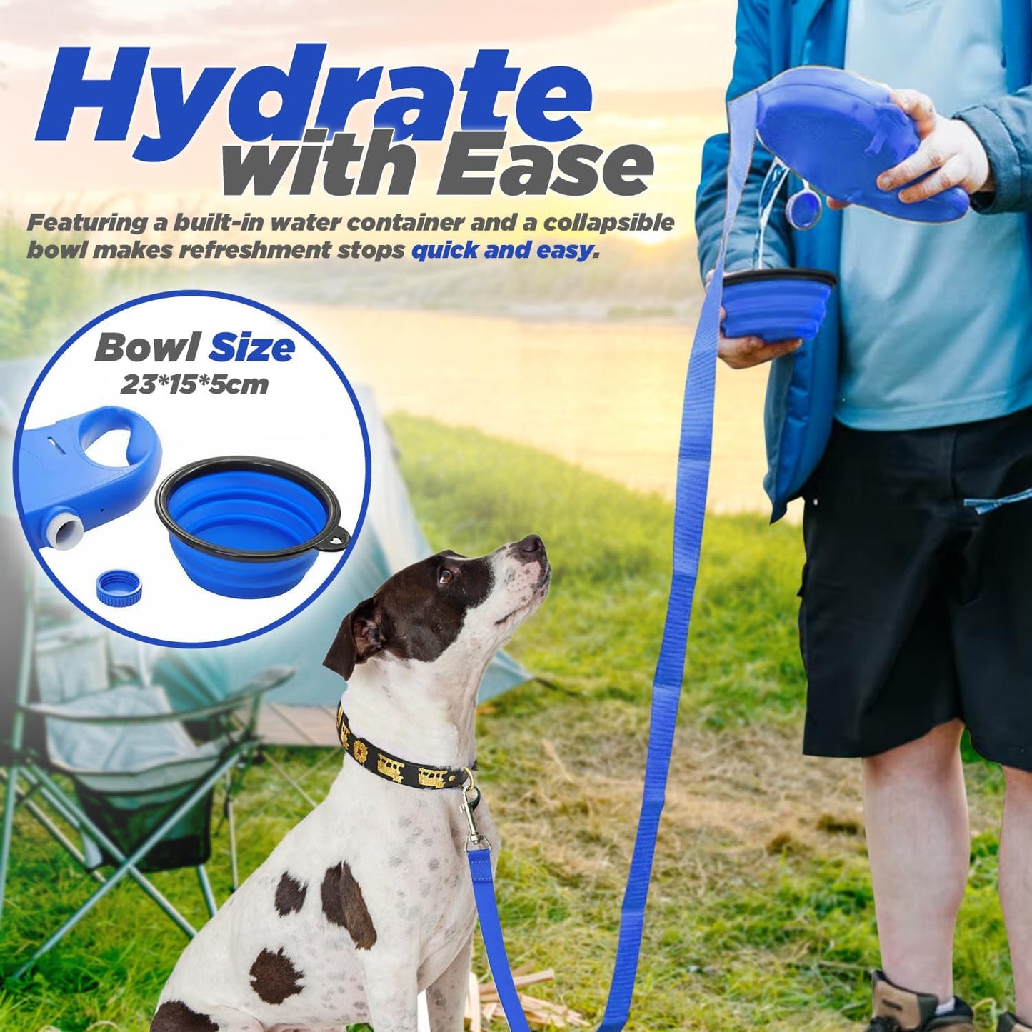 Dog Lead with Built-In Water Bottle, Collapsible Bowl, Waste Bag Dispenser & Hook โ Bonus 15 Waste Bags