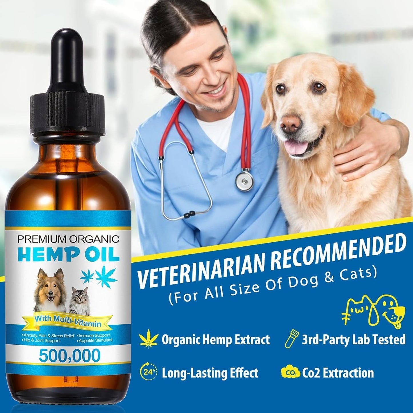Hemp Oil for Dogs & Cats - Anxiety & Stress Relief - Supports Joint, Hip, Skin & Coat Health - Natural Sleep Aid - 60Ml - Vet-Recommended