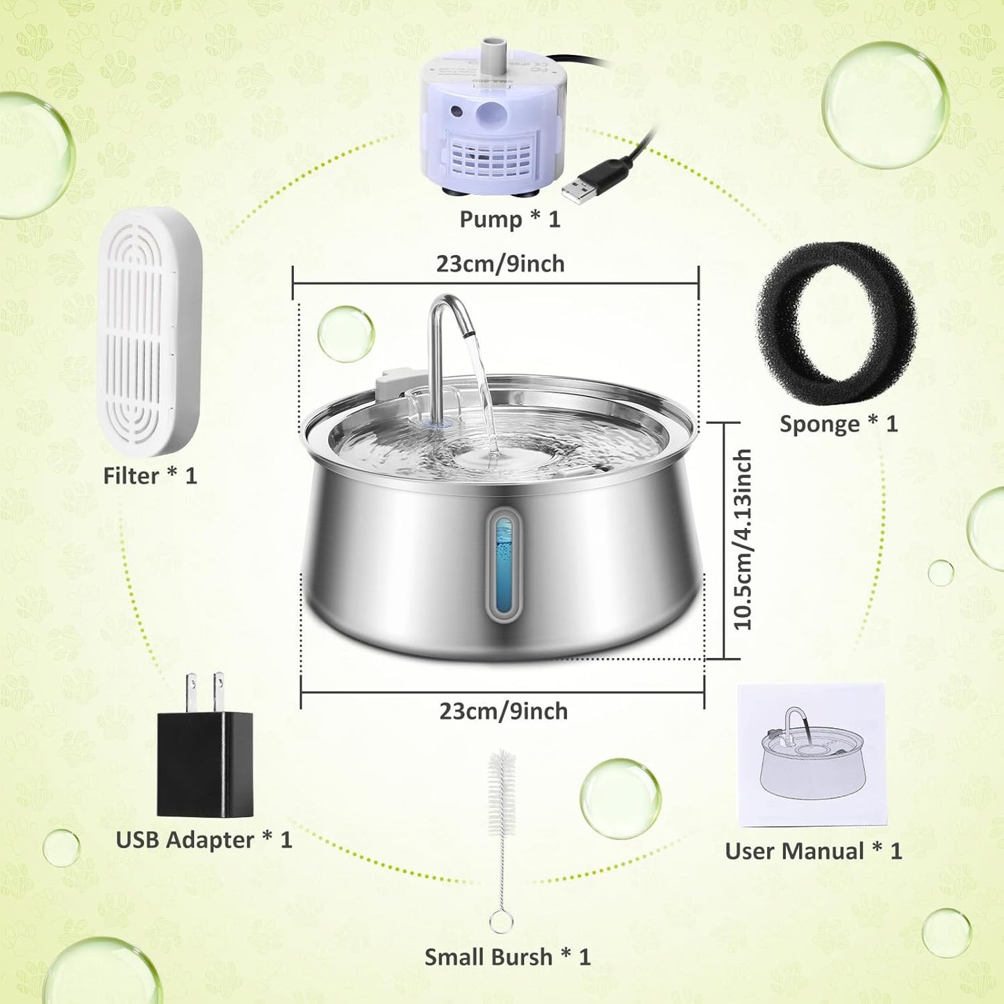 134Oz/4L Cat Water Fountain Stainless Steel, Automatic Pet Water Fountain with Water Level Window, Ultra Quiet Dog Water Dispenser, Multiple Filtration Faucet Drinking Fountain