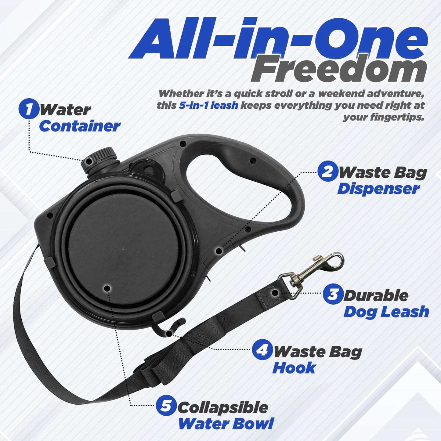 Dog Lead with Built-In Water Bottle, Collapsible Bowl, Waste Bag Dispenser & Hook โ Bonus 15 Waste Bags