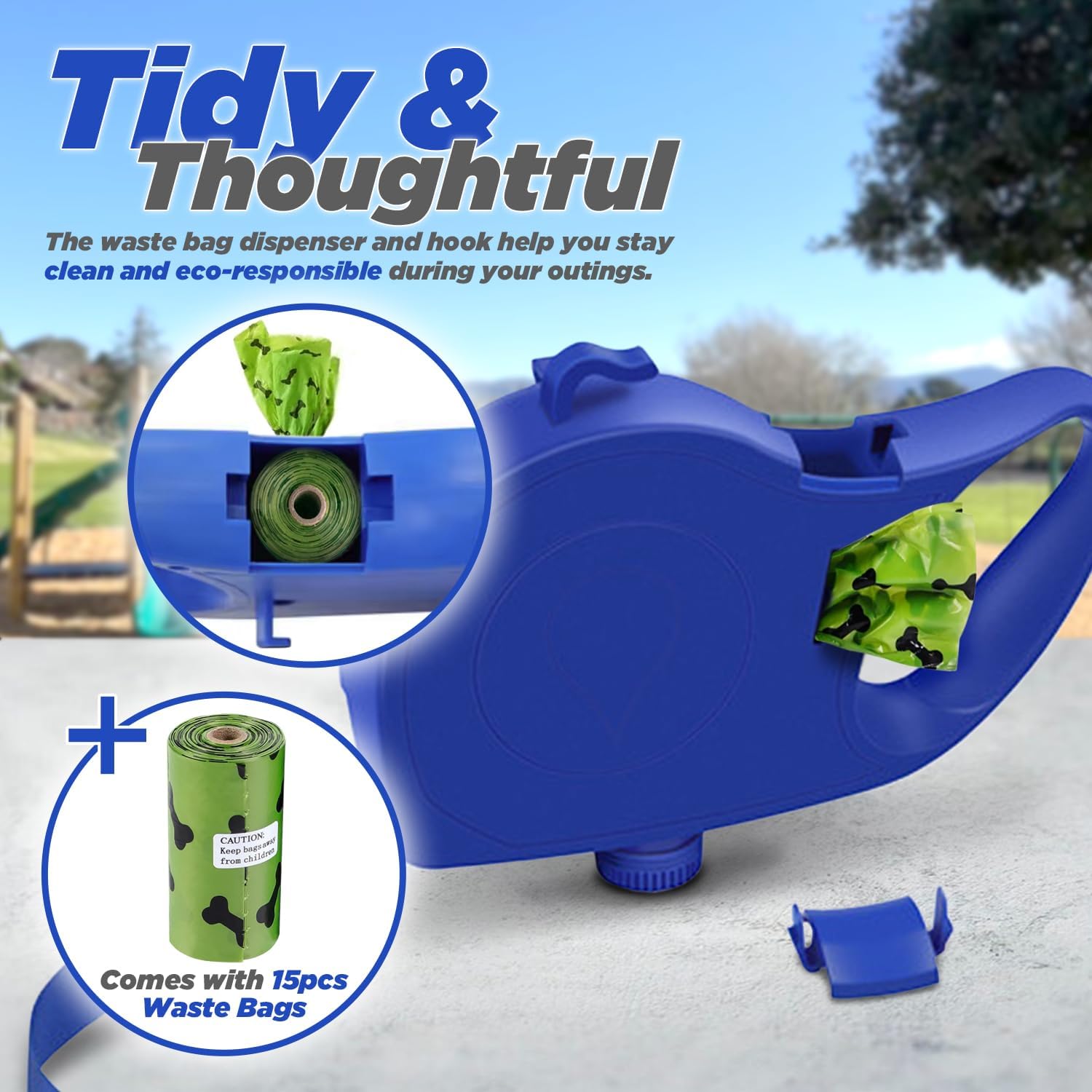 Dog Lead with Built-In Water Bottle, Collapsible Bowl, Waste Bag Dispenser & Hook โ Bonus 15 Waste Bags