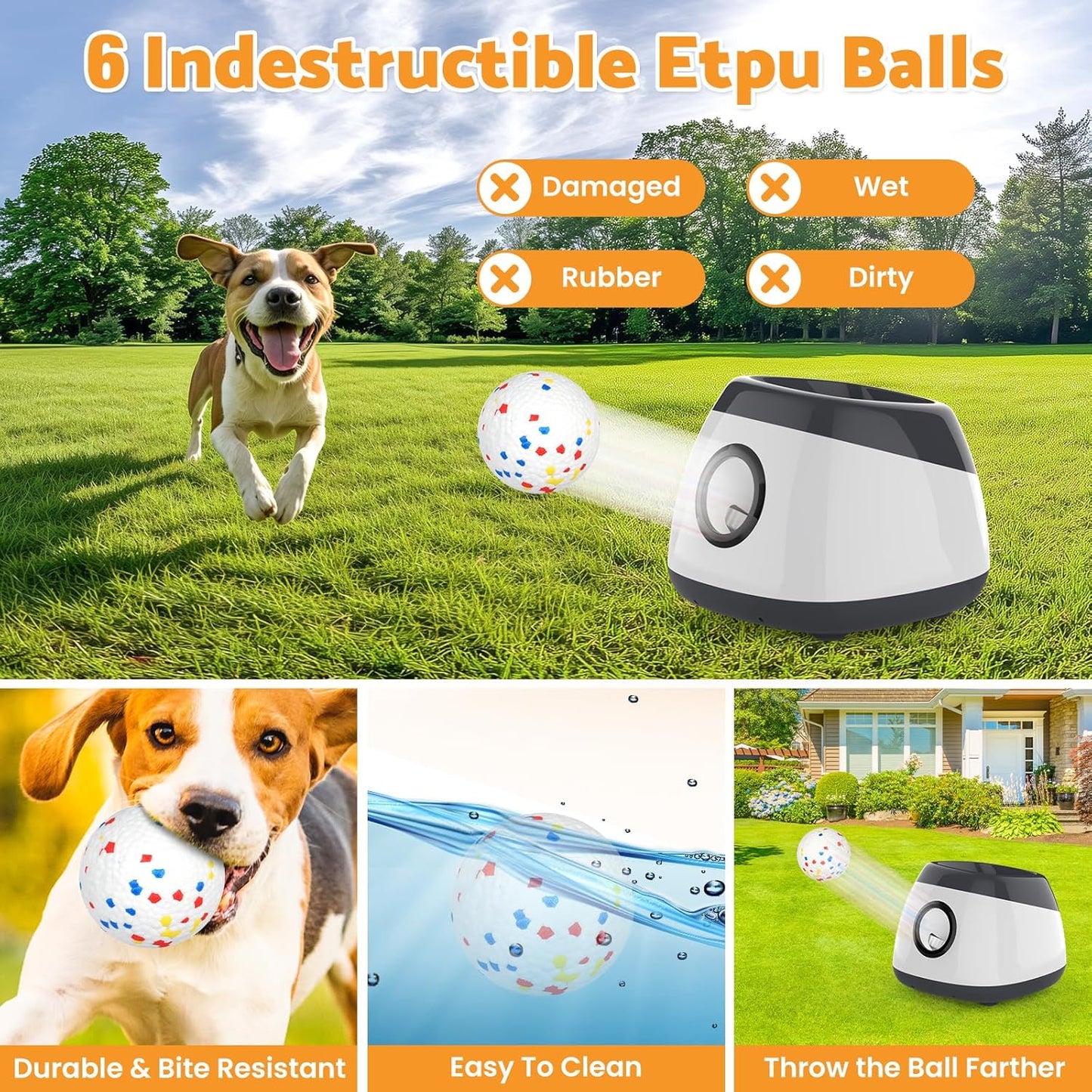 Large Ball Thrower for Dogs, Rechargeable Automatic Launcher with 6 Tennis Balls, 40-60-80Ft Launching Distance, Remote Control Ball Launcher for Medium & Large Dogs Indoor/Outdoor