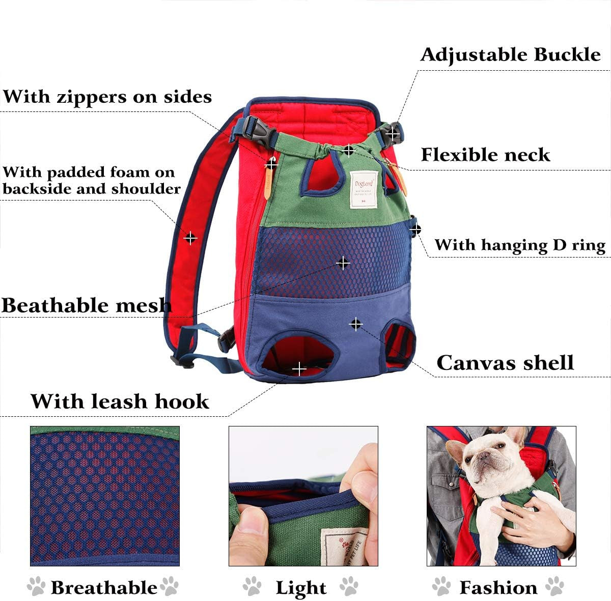 Legs Out Front-Facing Dog Carrier Hands-Free Adjustable Pet Puppy Cat Backpack Carrier for Walking Hiking Bike and Motorcycle (X-Large, Green/Blue)