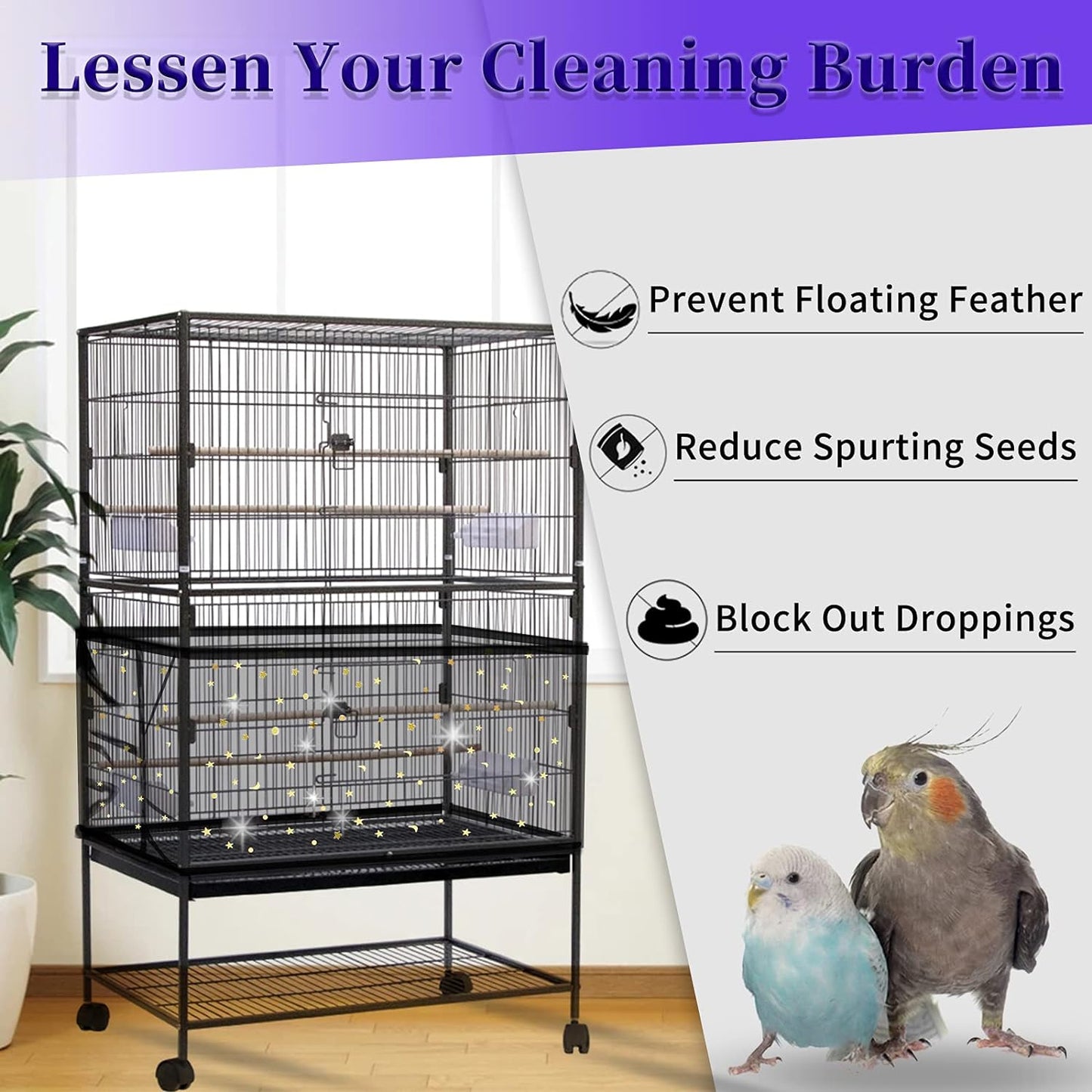 Large Bird Cage Cover, Bird Cage Seed Catcher, Adjustable Soft Nylon Mesh Net with Twinkle Moon Star, Birdcage Cover Skirt Seed Guard for Parrot Parakeet Macaw round Square Cages (Black)