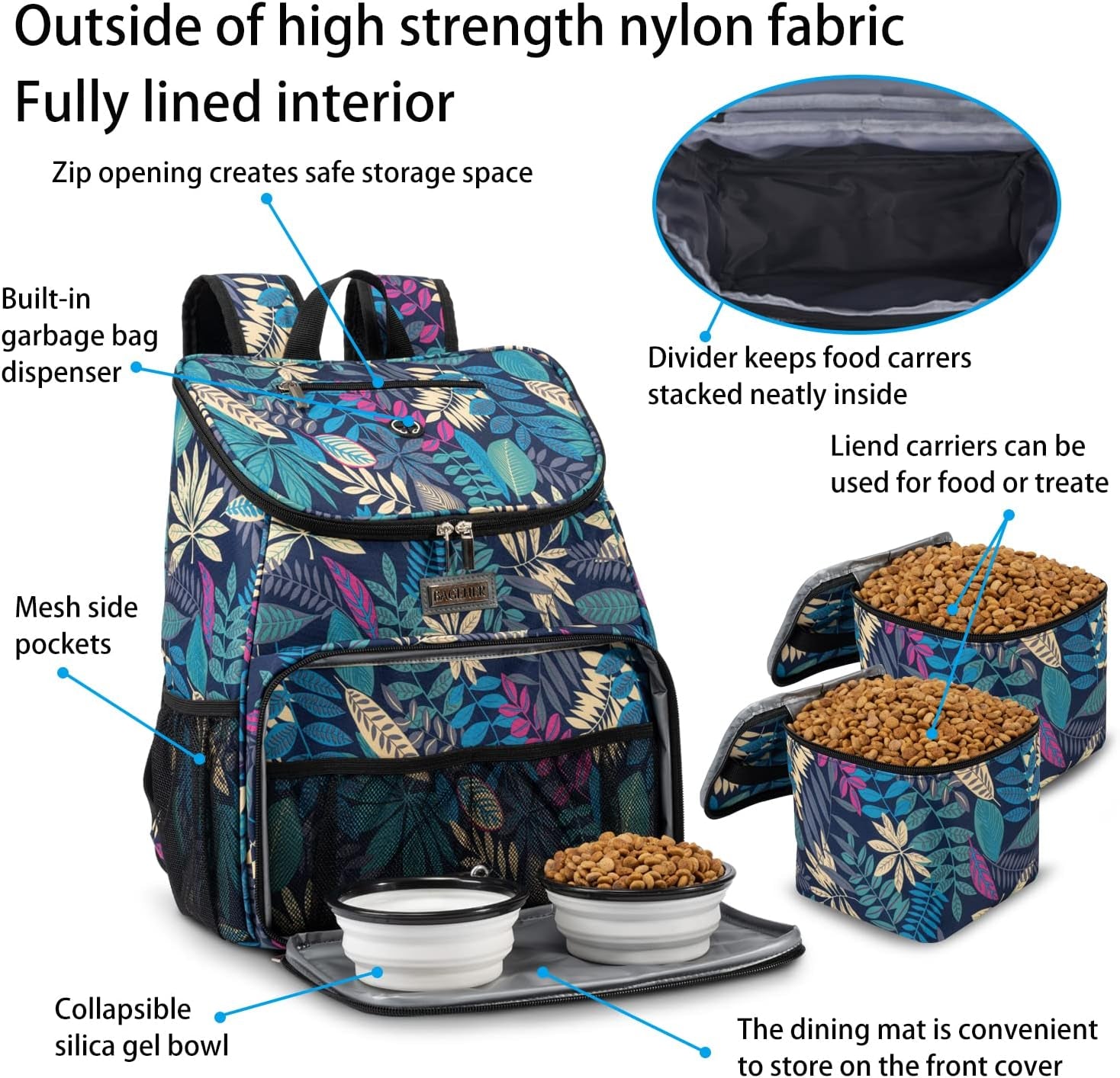 Dog Travel Bag, Airline Approved Pet Supplies Backpack, Dog Travel Backpack with 2 Silicone Collapsible Bowls and 2 Food Baskets