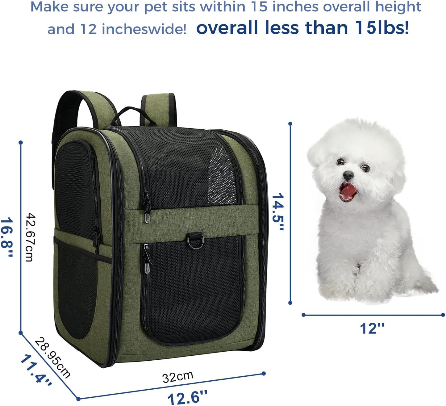 Dog & Cat Carrier Backpack for 4-15Lb Pets - Ventilated Safe Design with Padded Back Support, Breathable Mesh Pet Backpack for Hiking, Travel, Outdoor (Green)