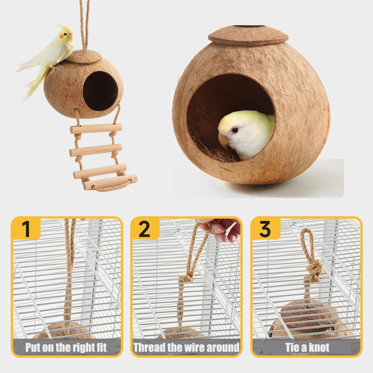 Eco-Friendly Coconut Shell Bird Nest Safe Parrot Parakeet Home Cage Feeder Hut