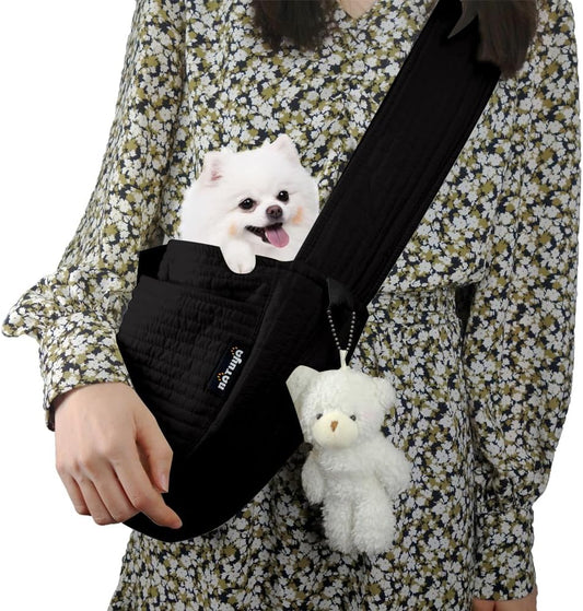 Pet Sling Carrier Small Dog Sling Cat Carrier Bag Adjustable Strap Hands-Free Pet Dog Cat Carrier Bag with Front Zipper Pocket Safety Belt for Outdoor Traveling Subway (Black, Canvas)