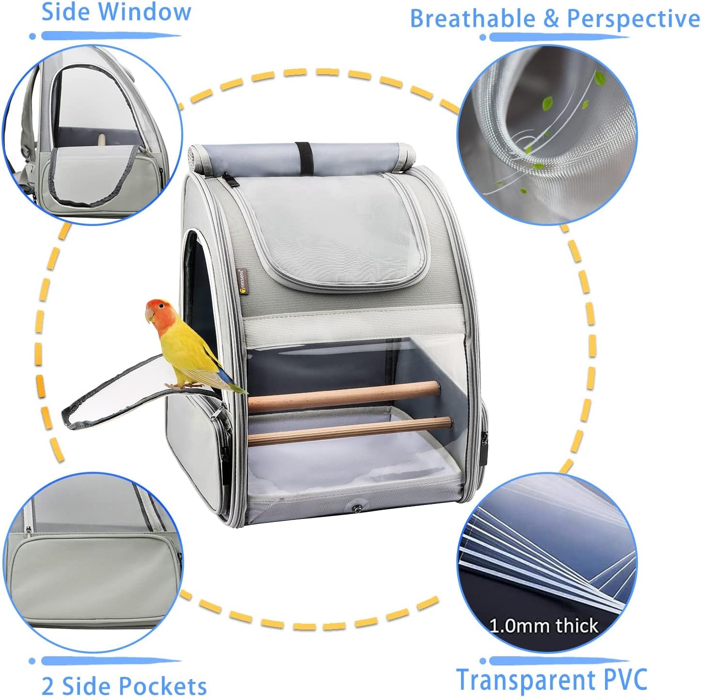 Bird Carrier Backpack - Pet Travel Cage with Upgraded Tray and Standing Perches, Breathable & Portable, for Small Birds, Green Cheek, Cockatiel, Parrot (Grey)