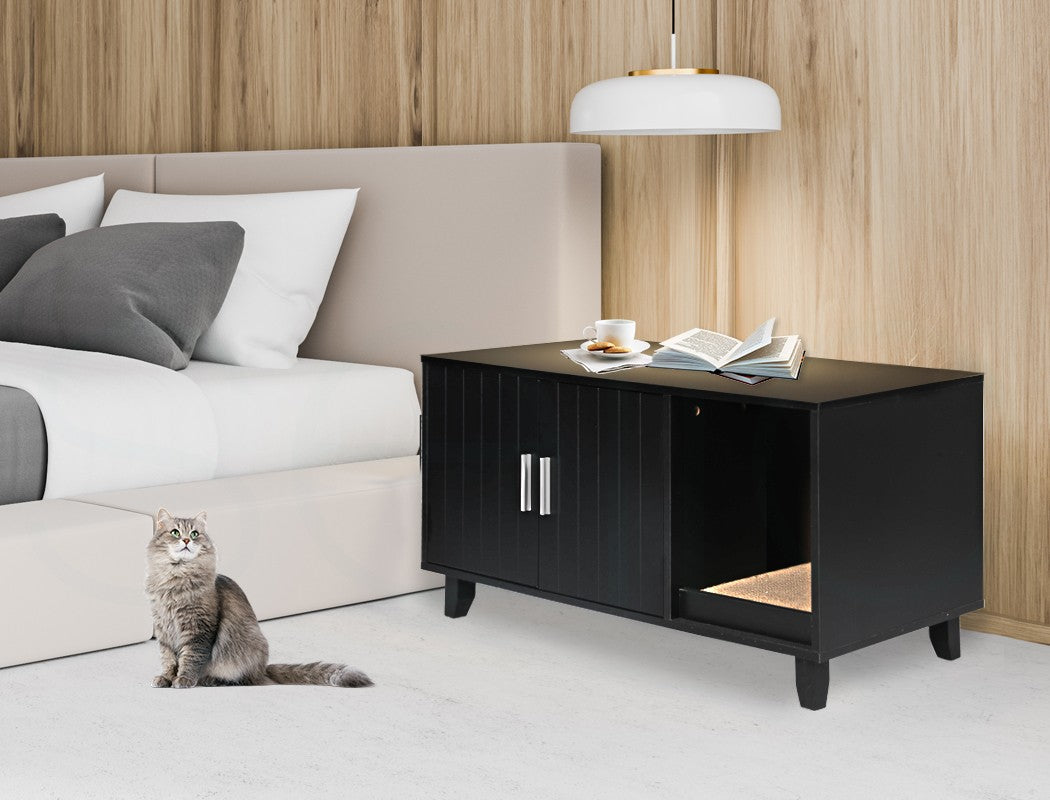 Enclosed Cat Litter Cabinet Box Furniture Scratch Board Side Table Black