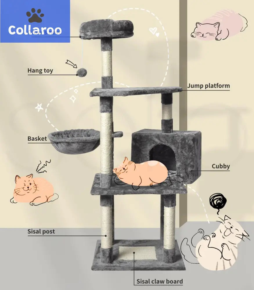 Pawz 130Cm Cat Tree Toy Scratching Post Scratcher Tower Condo Wooden House Grey