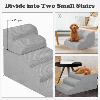 Dog Stairs and Ramp, 5-Step Pet Stair for High Beds and Couch, Large Dogs with Removable Washable Cover, Non-Slip Soft Foam for Injured Older Pets, Grey-62 Cm High