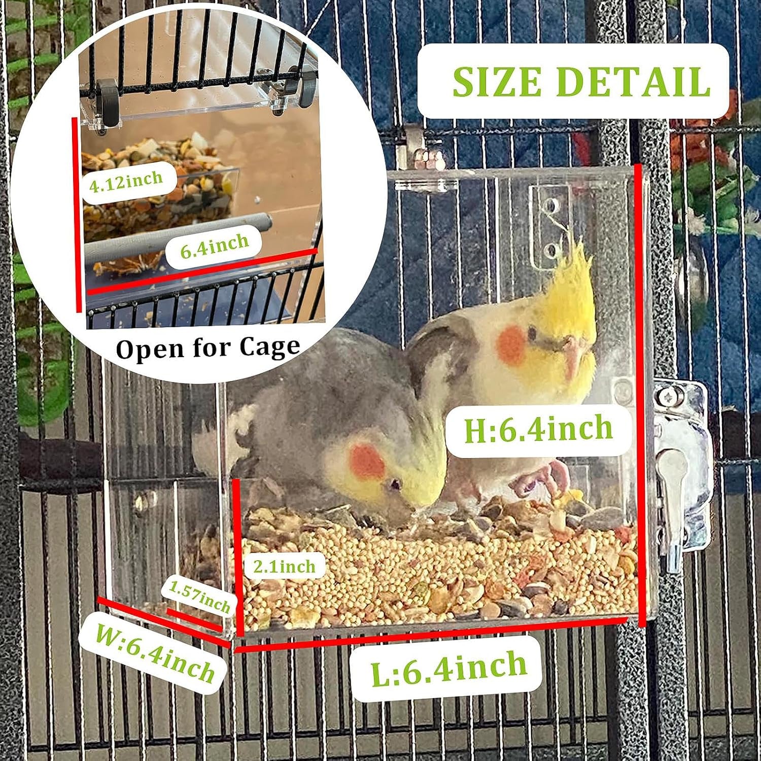 No Mess Automatic Bird Feeder for Cage - Acrylic No Spill Seed Feeder for Parakeet, Parrot, Cockatiels, Lorikeet, Lovebirds - 6.4Inch