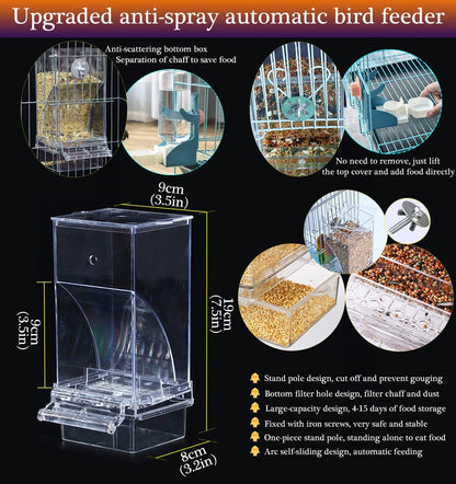 No Mess Bird Feeder Water Dispenser Set, Automatic Parrot Feeder Cage Accessories, Clear Parakeet Seed Container Food Feeder Drinker for Cage, Cockatiel Finch Lovebirds Budgies Canary (Blue)