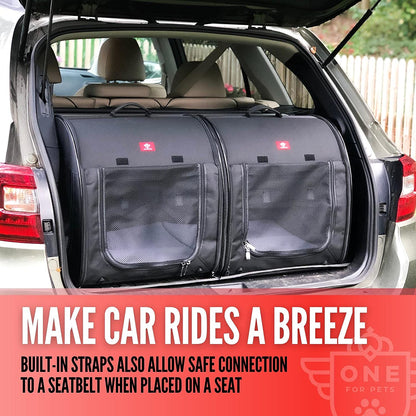 Portable 2-In-1 Double Pet Kennel/Shelter, Fabric, Black/Royal Blue 20"X20"X39" - Car Seat-Belt Fixture Included (Black)