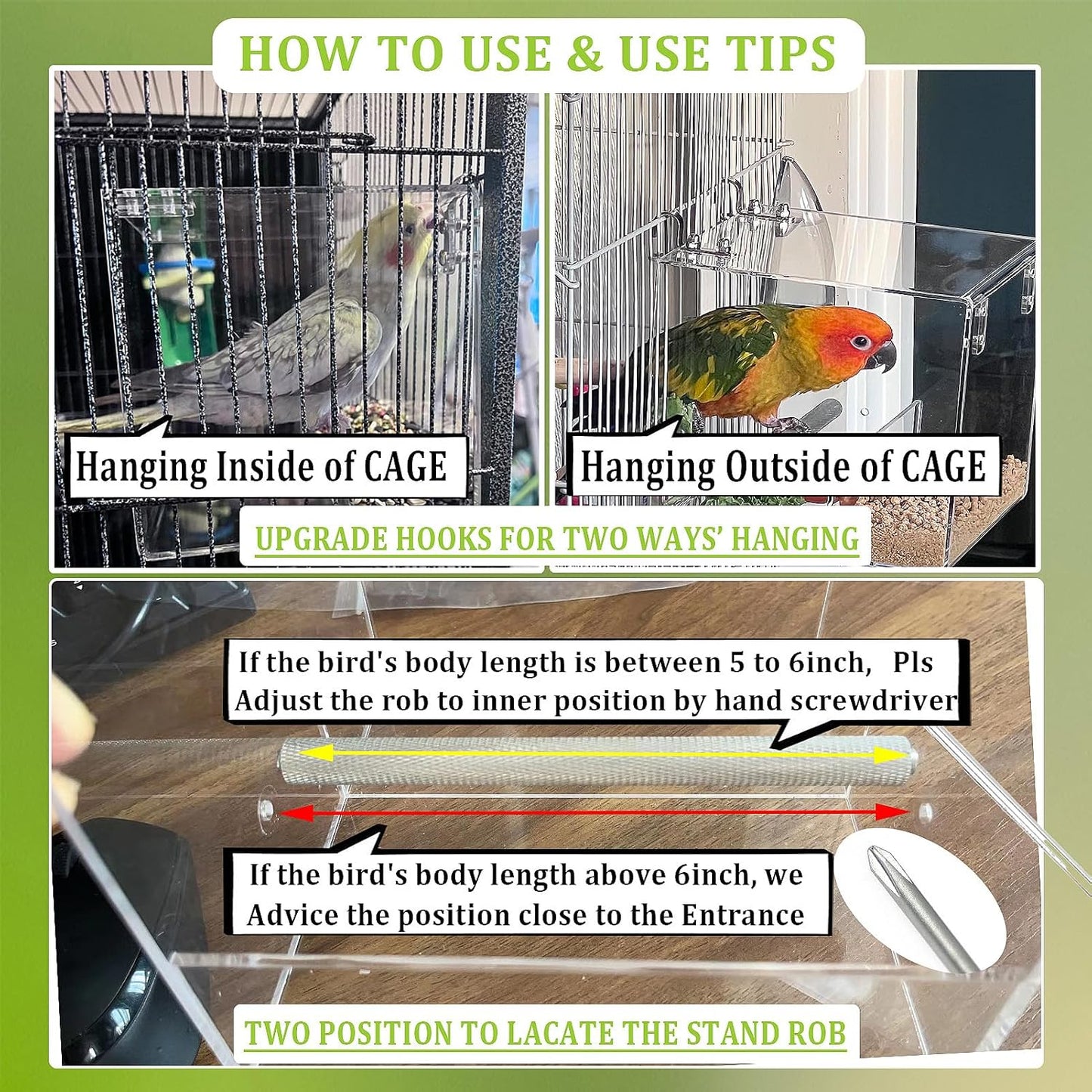 No Mess Automatic Bird Feeder for Cage - Acrylic No Spill Seed Feeder for Parakeet, Parrot, Cockatiels, Lorikeet, Lovebirds - 6.4Inch