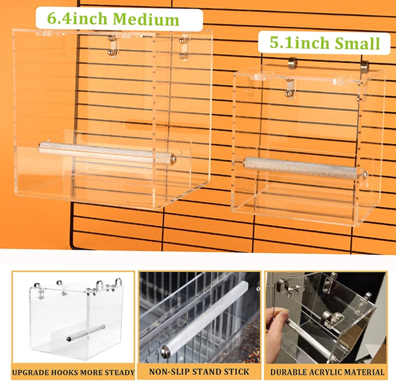 No Mess Automatic Bird Feeder for Cage - Acrylic No Spill Seed Feeder for Parakeet, Parrot, Cockatiels, Lorikeet, Lovebirds - 6.4Inch