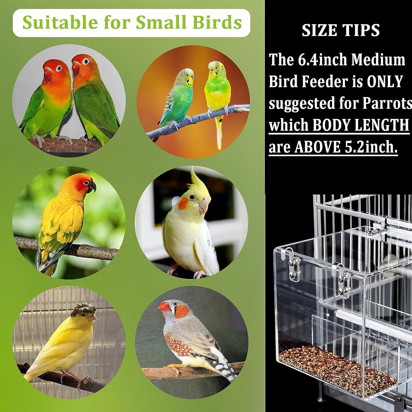 No Mess Automatic Bird Feeder for Cage - Acrylic No Spill Seed Feeder for Parakeet, Parrot, Cockatiels, Lorikeet, Lovebirds - 6.4Inch