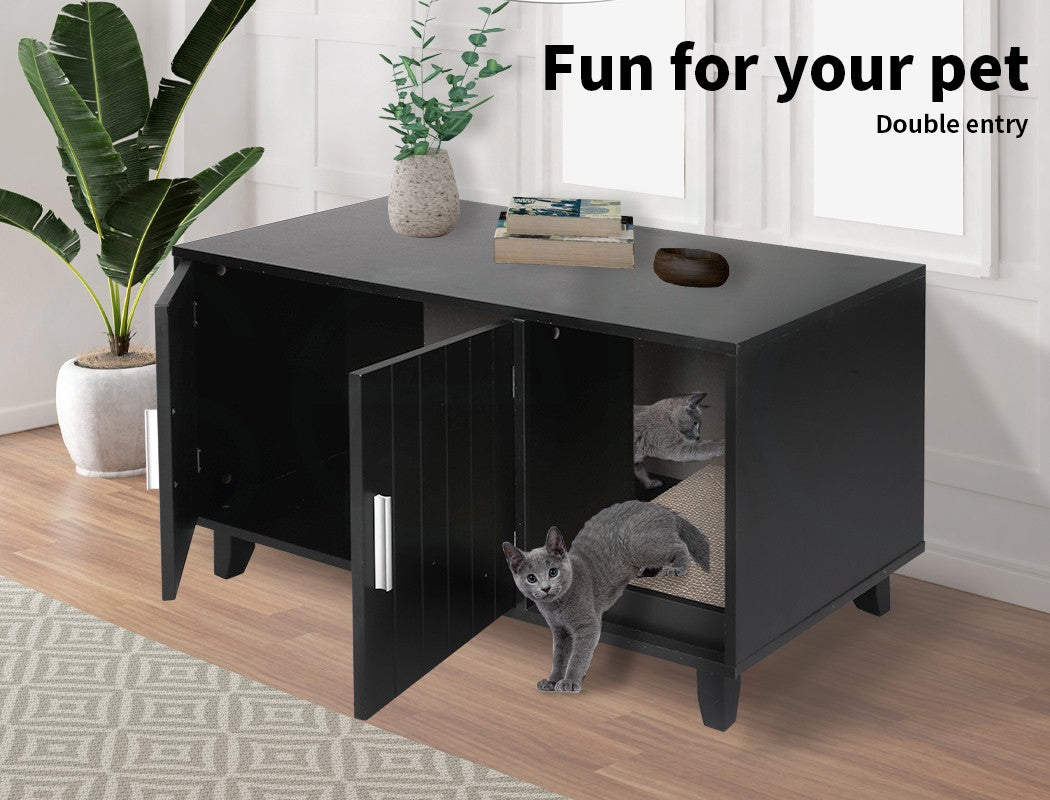 Enclosed Cat Litter Cabinet Box Furniture Scratch Board Side Table Black