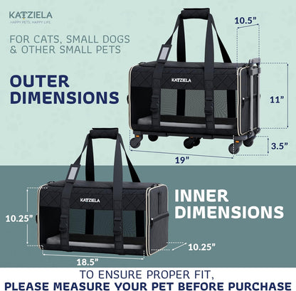 Pet Carrier Airline Approved - Dog Carrier with Wheels - Rolling Pet Carrier with Wheels for Small to Medium Size Cat or Dog - Airplane Cabin Animal Friendly Luggage
