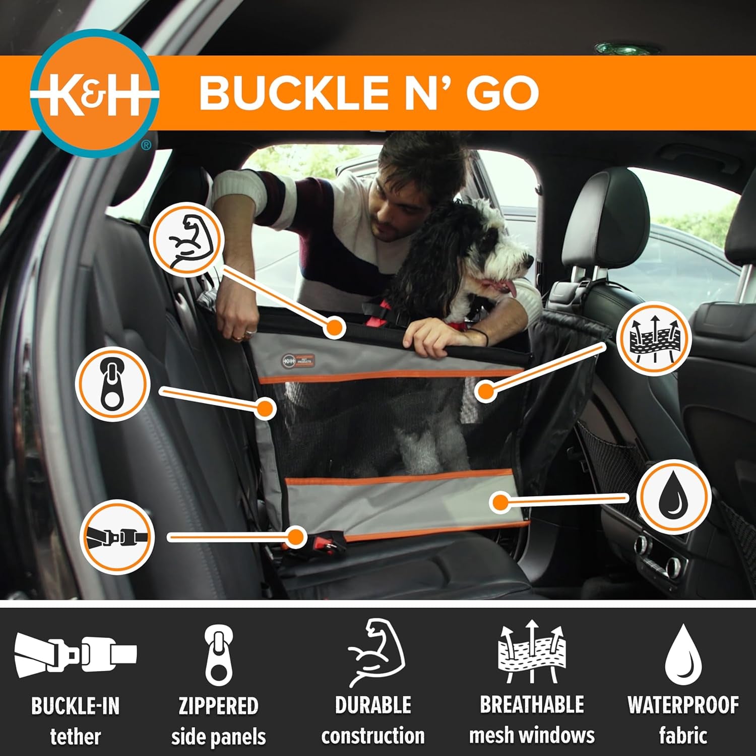 Buckle N' Go Dog Car Seat for Large Dogs, Waterproof Fabric with Breathable Mesh & Adjustable Dog Seat Belt for Car, Dog Hammock for Car, Dog Carrier Dog Car Seat Cover - Gray MD/LG
