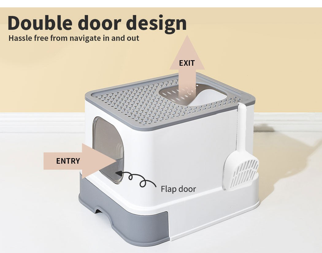 Pawz Cat Litter Box Fully Enclosed Kitty Toilet Tray Pan Container Large Grey