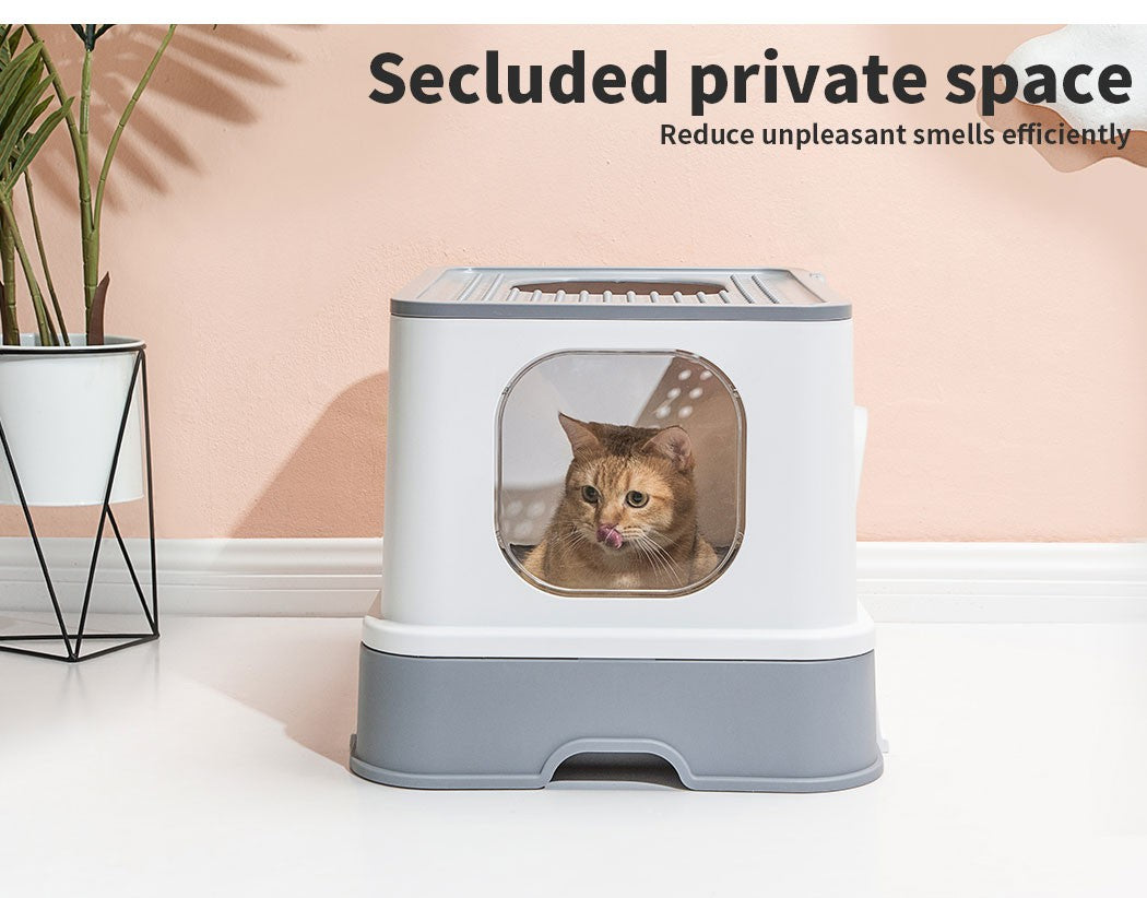 Pawz Cat Litter Box Fully Enclosed Kitty Toilet Tray Pan Container Large Grey
