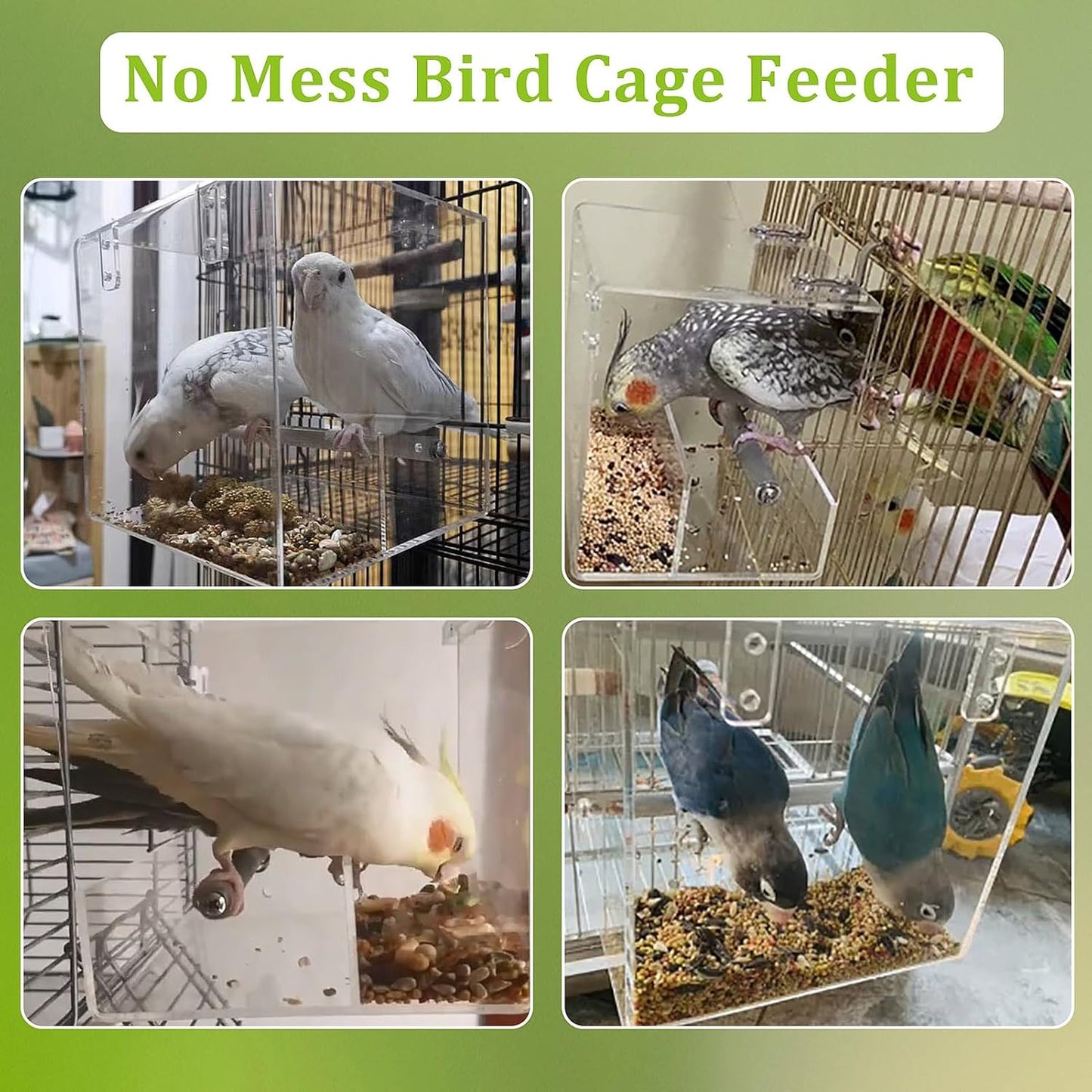 No Mess Automatic Bird Feeder for Cage - Acrylic No Spill Seed Feeder for Parakeet, Parrot, Cockatiels, Lorikeet, Lovebirds - 6.4Inch