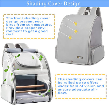 Bird Carrier Backpack - Pet Travel Cage with Upgraded Tray and Standing Perches, Breathable & Portable, for Small Birds, Green Cheek, Cockatiel, Parrot (Grey)
