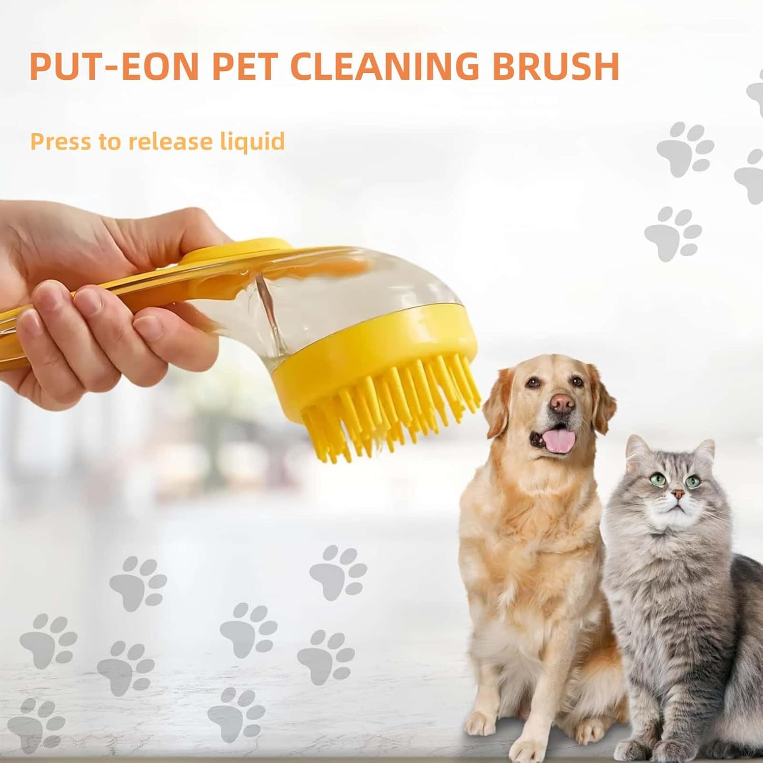 Pet Bath Brush with Shampoo Dispenser, Dog & Cat Grooming Scrubber, Paw Cleaner & Massager for Short/Long Hair