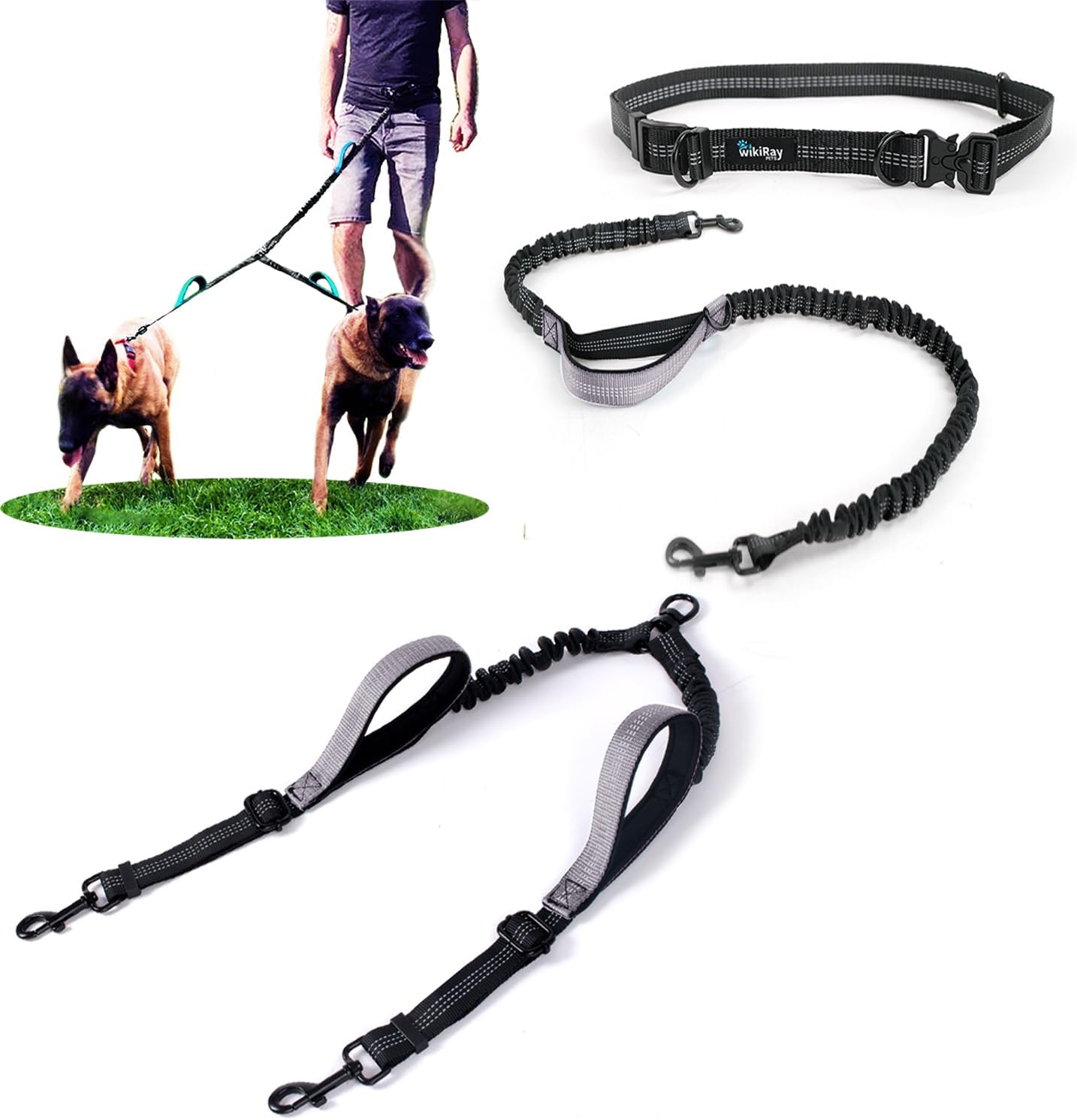 Wikiray Premium Hands-Free Double Dog Lead with Durable Metal Buckle, Adjustable Coupler & Comfortable Handle Pad – Versatile Design for Walking One or Two Dogs (Gray)