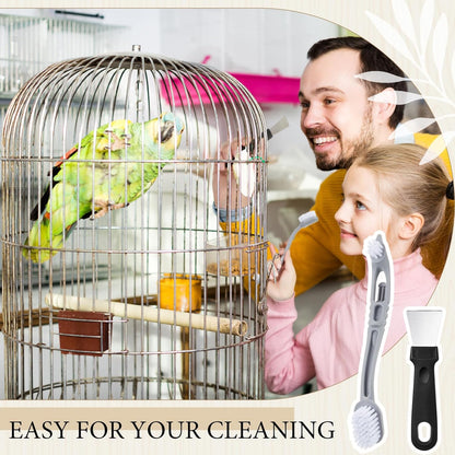 Bird Cage Cleaner with Two Brush Heads Stainless Steel Bird Droppings Cleaning Scraper Long Handle Tool for Cleaning Bird Parrot Cages Pet Supply Cage Accessory