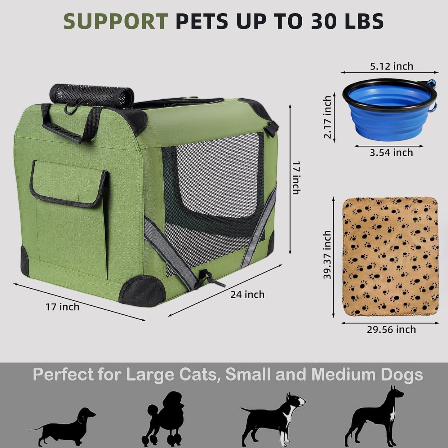 Large Cat Carrier for 2 Cats Small Medium Dogs, Soft Pet Carrier 24X17X17 for Traveling with Warm Blanket Foldable Bowl and Washable Pad