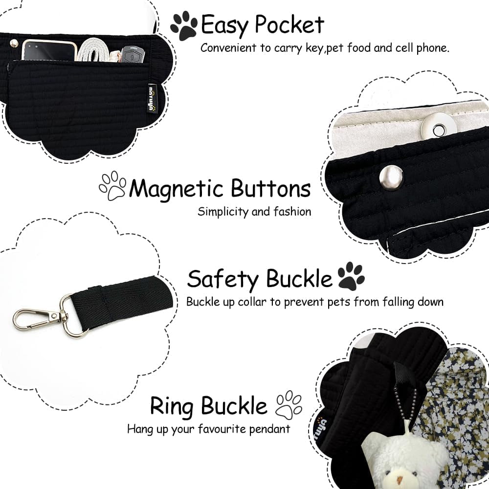 Pet Sling Carrier Small Dog Sling Cat Carrier Bag Adjustable Strap Hands-Free Pet Dog Cat Carrier Bag with Front Zipper Pocket Safety Belt for Outdoor Traveling Subway (Black, Canvas)