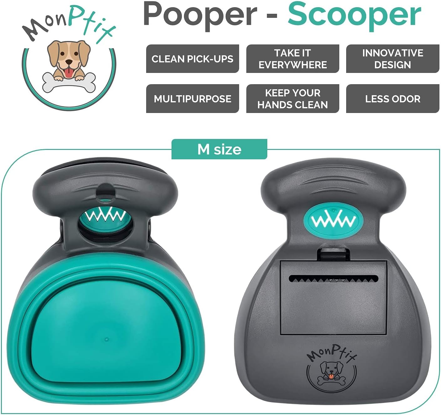 Pooper Scooper, Portable Sanitary Dog Poo Pick up with Bag Dispenser, for Large Medium Small Dogs Cat or Pet, Durable Poop Picker, Easy to Use, Comfortable Grip, Scoop on All Surfaces (Medium)