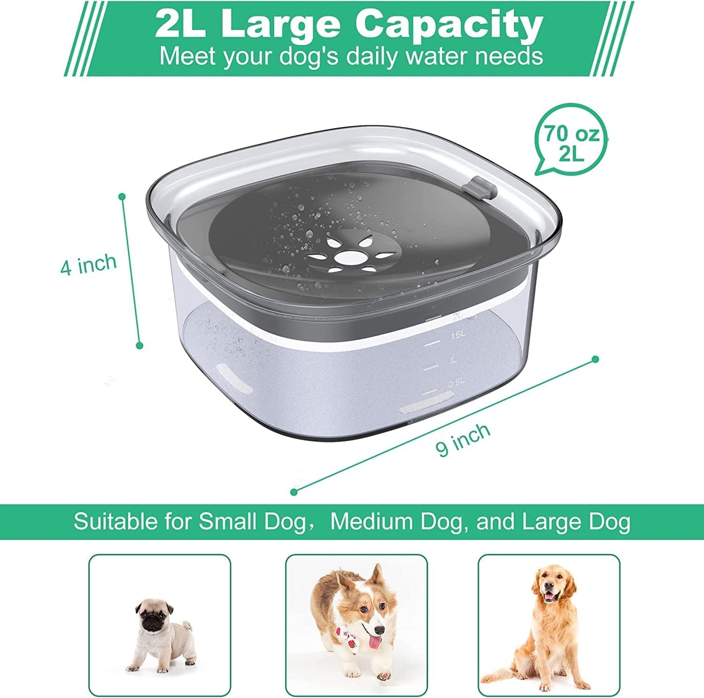 2L No Spill Dog Bowl Large Capacity 