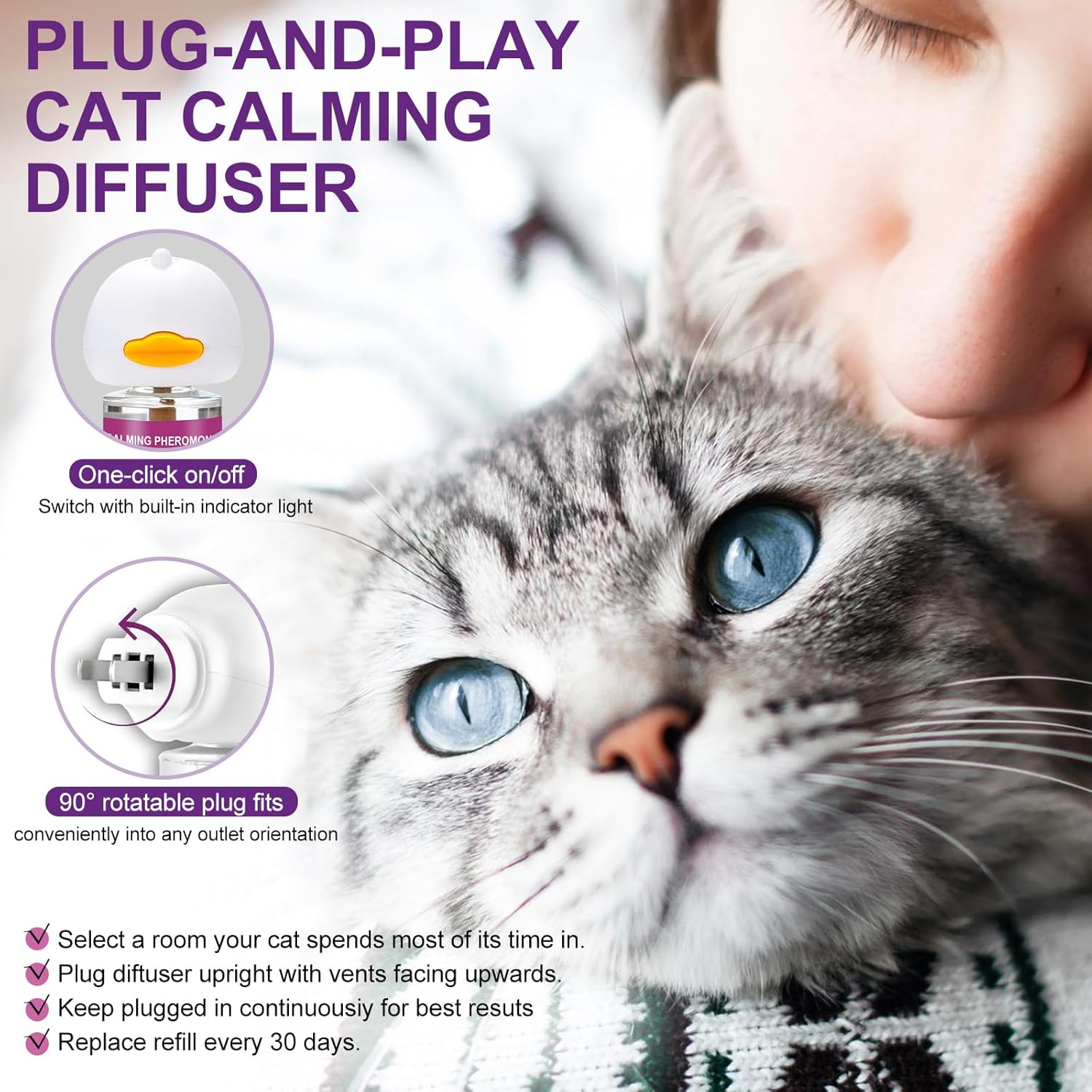 Cat Pheromones Calming Diffuser Relieve Anxiety Stress Cat Calming Diffuser Comfort for Cats 3 Refills, Reduce Fighting and Scratching Calm Relaxing Fits All Cats