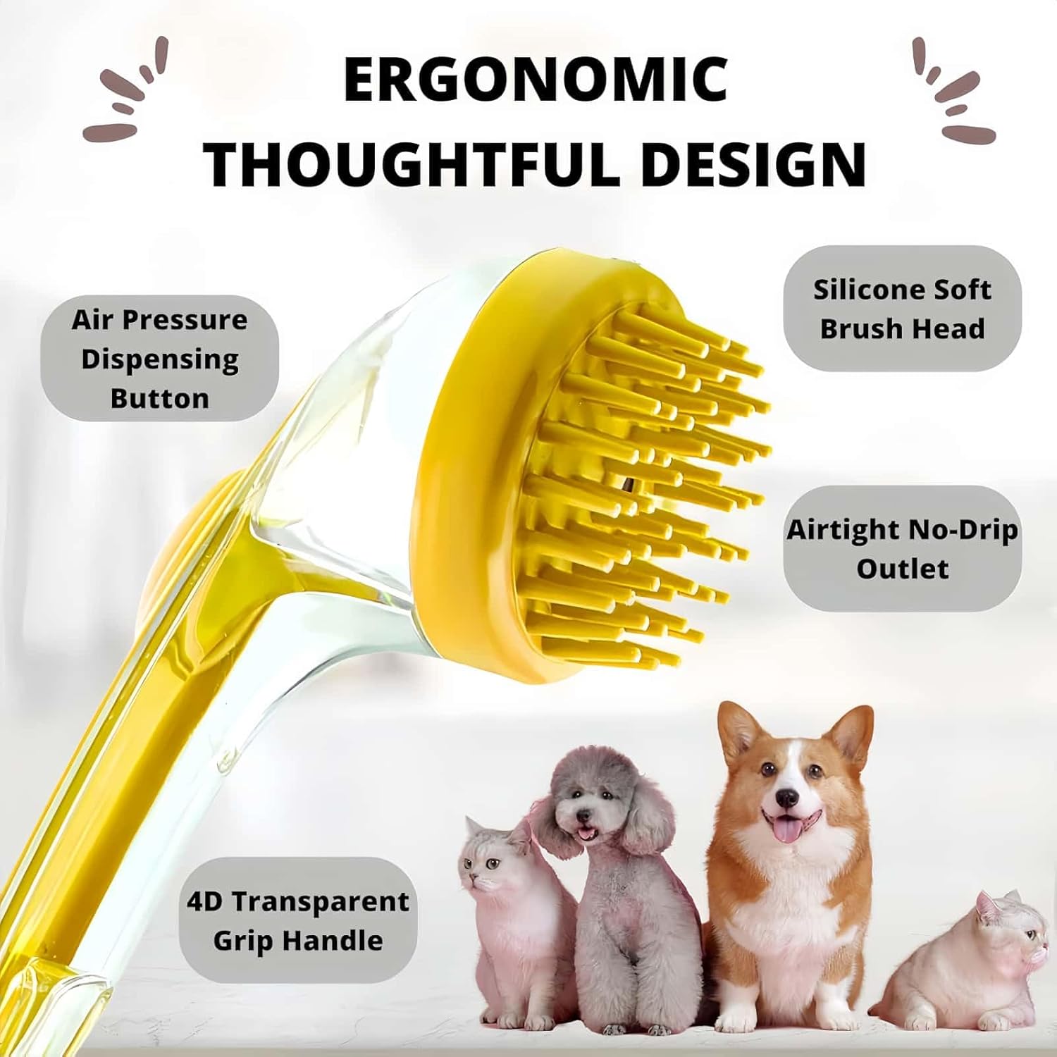 Pet Bath Brush with Shampoo Dispenser, Dog & Cat Grooming Scrubber, Paw Cleaner & Massager for Short/Long Hair