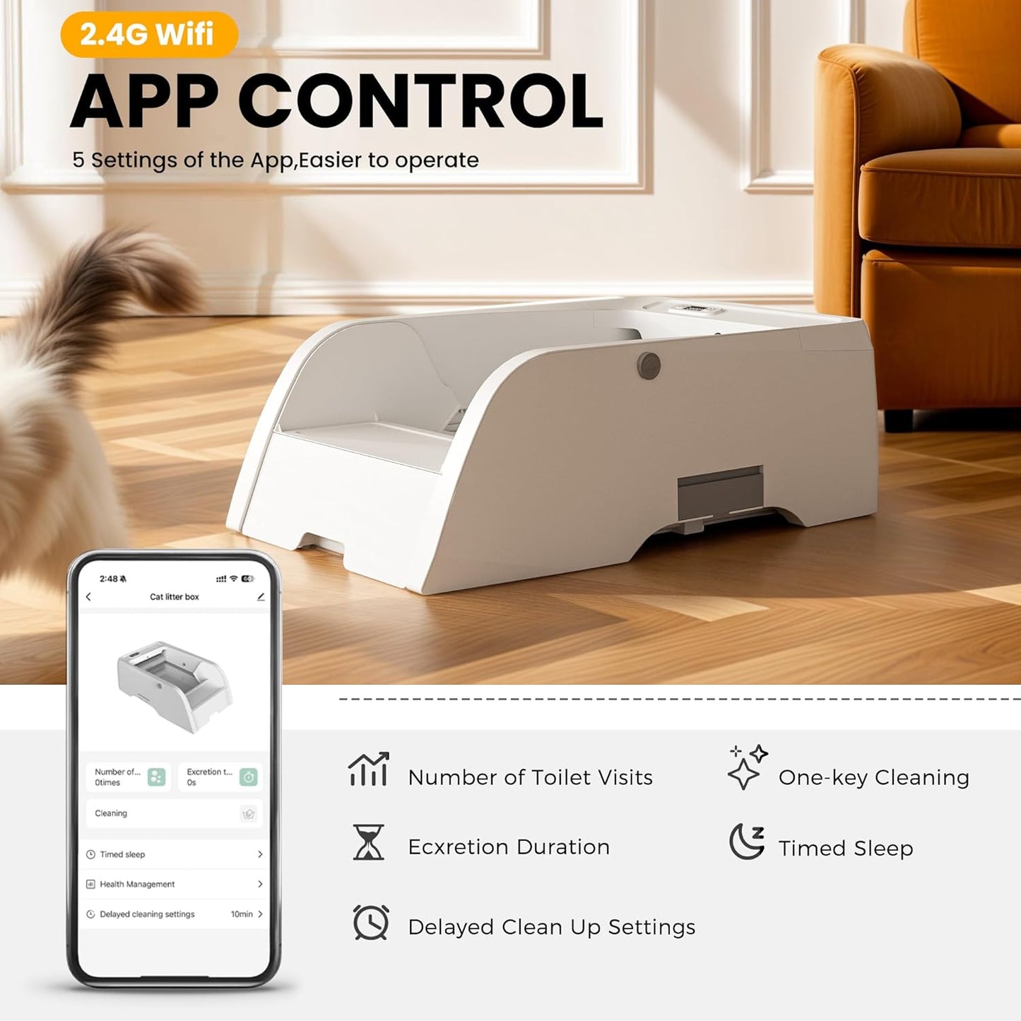 Self Cleaning Cat Litter Box, Open Design Automatic Litter Scooping Robot, App Control, anti Pinch, Odor-Seal, Extra Large Cleaning Cat Litter Tray for Multi Cats Kitty