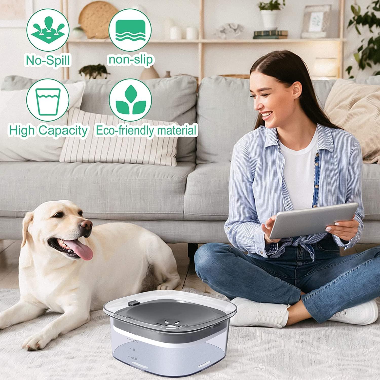 2L No Spill Dog Bowl Large Capacity 
