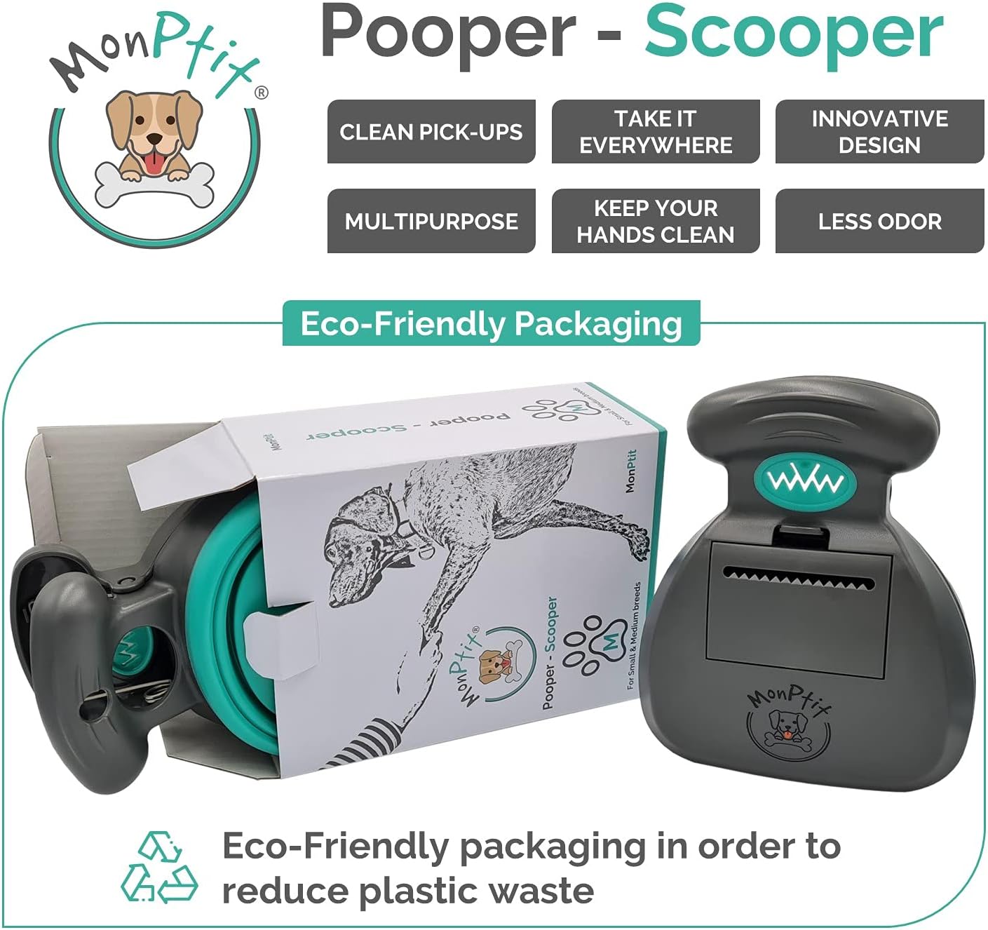 Pooper Scooper, Portable Sanitary Dog Poo Pick up with Bag Dispenser, for Large Medium Small Dogs Cat or Pet, Durable Poop Picker, Easy to Use, Comfortable Grip, Scoop on All Surfaces (Medium)